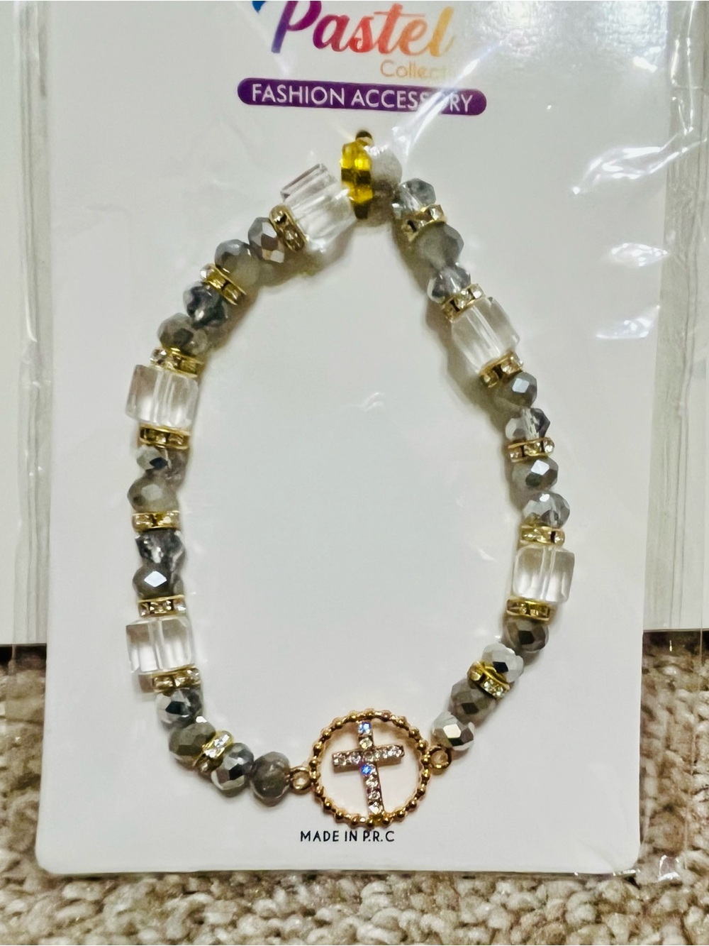 Gold & Gray Beaded Cross Bracelet